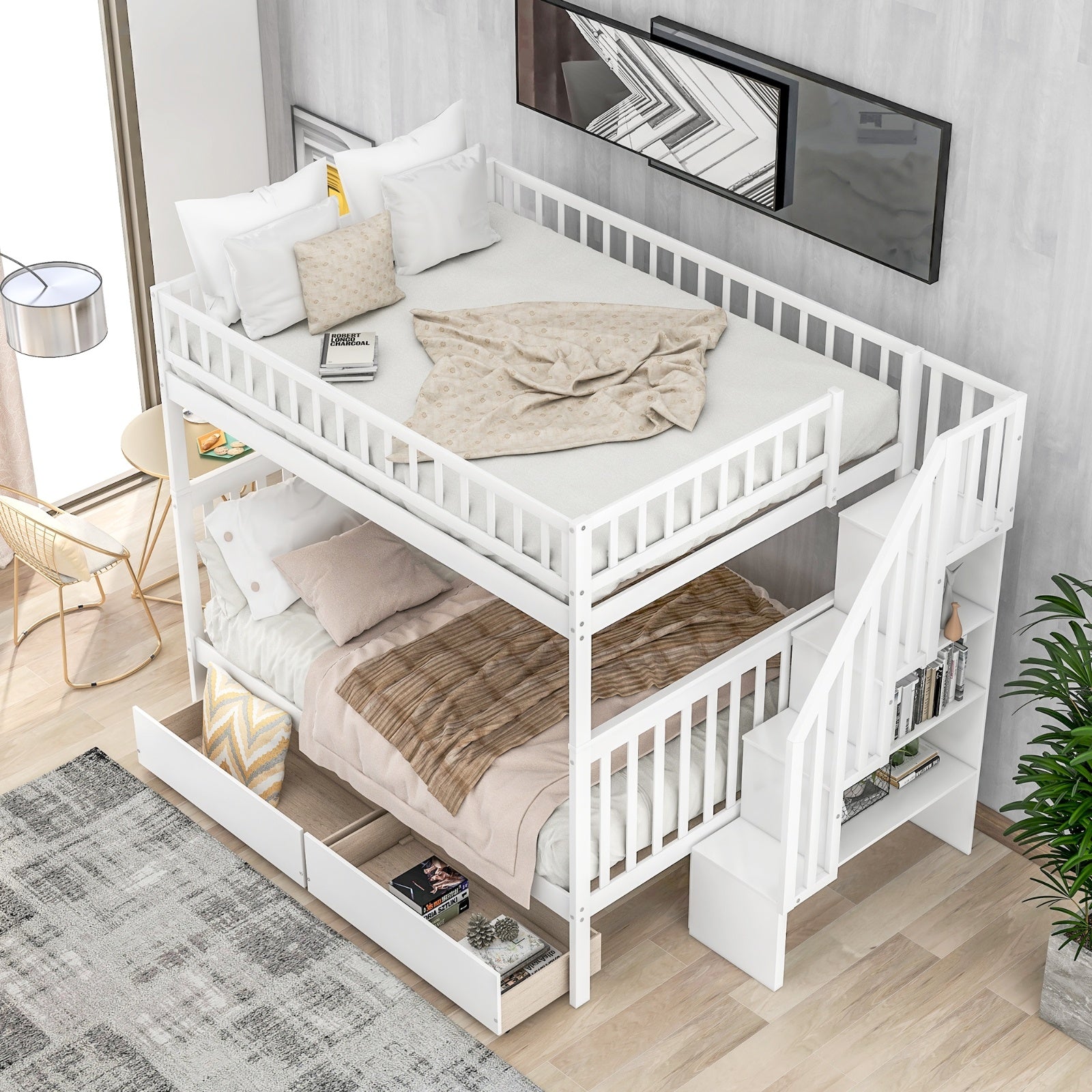 LuneluX_Home – Full-Over-Full Bunk Bed with Storage Drawers (White)