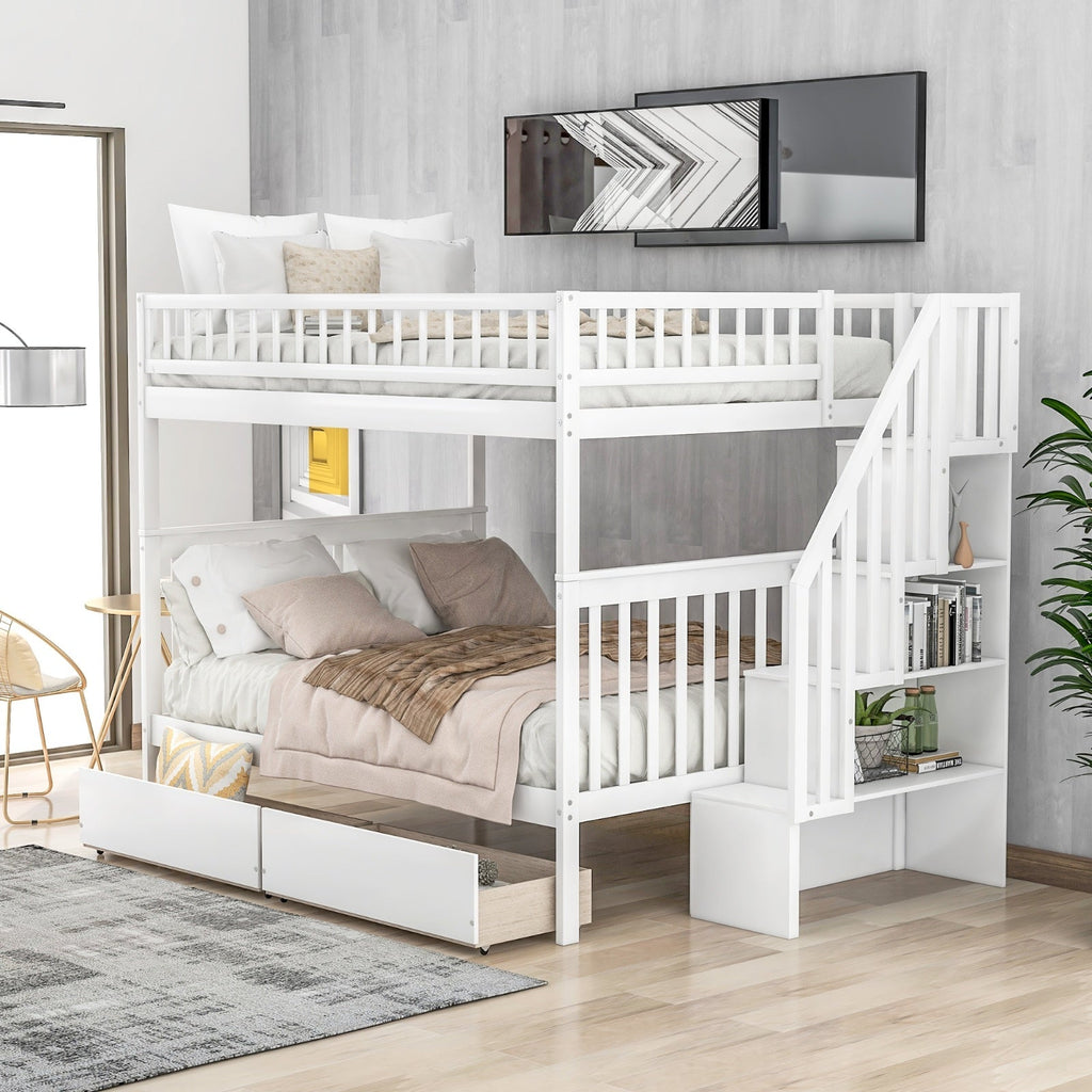 LuneluX_Home – Full-Over-Full Bunk Bed with Storage Drawers (White)