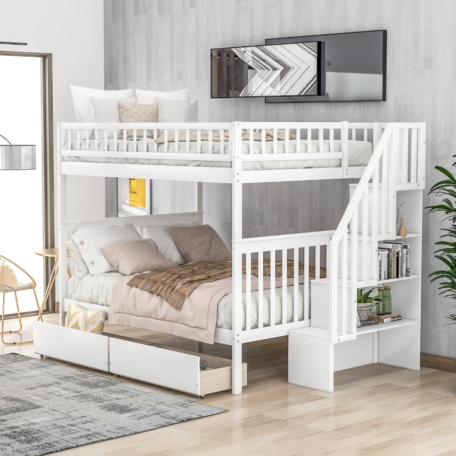 LuneluX_Home – Full-Over-Full Bunk Bed with Storage Drawers (White)