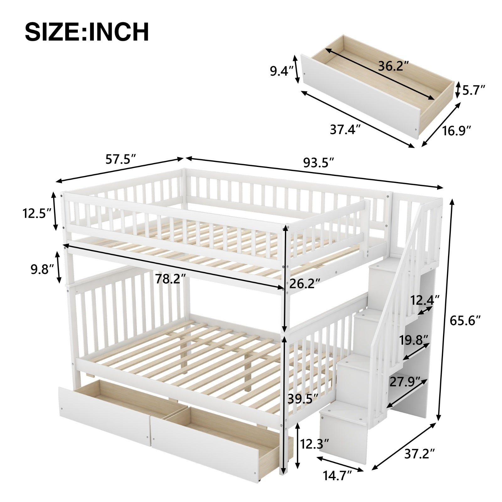LuneluX_Home – Full-Over-Full Bunk Bed with Storage Drawers (White)