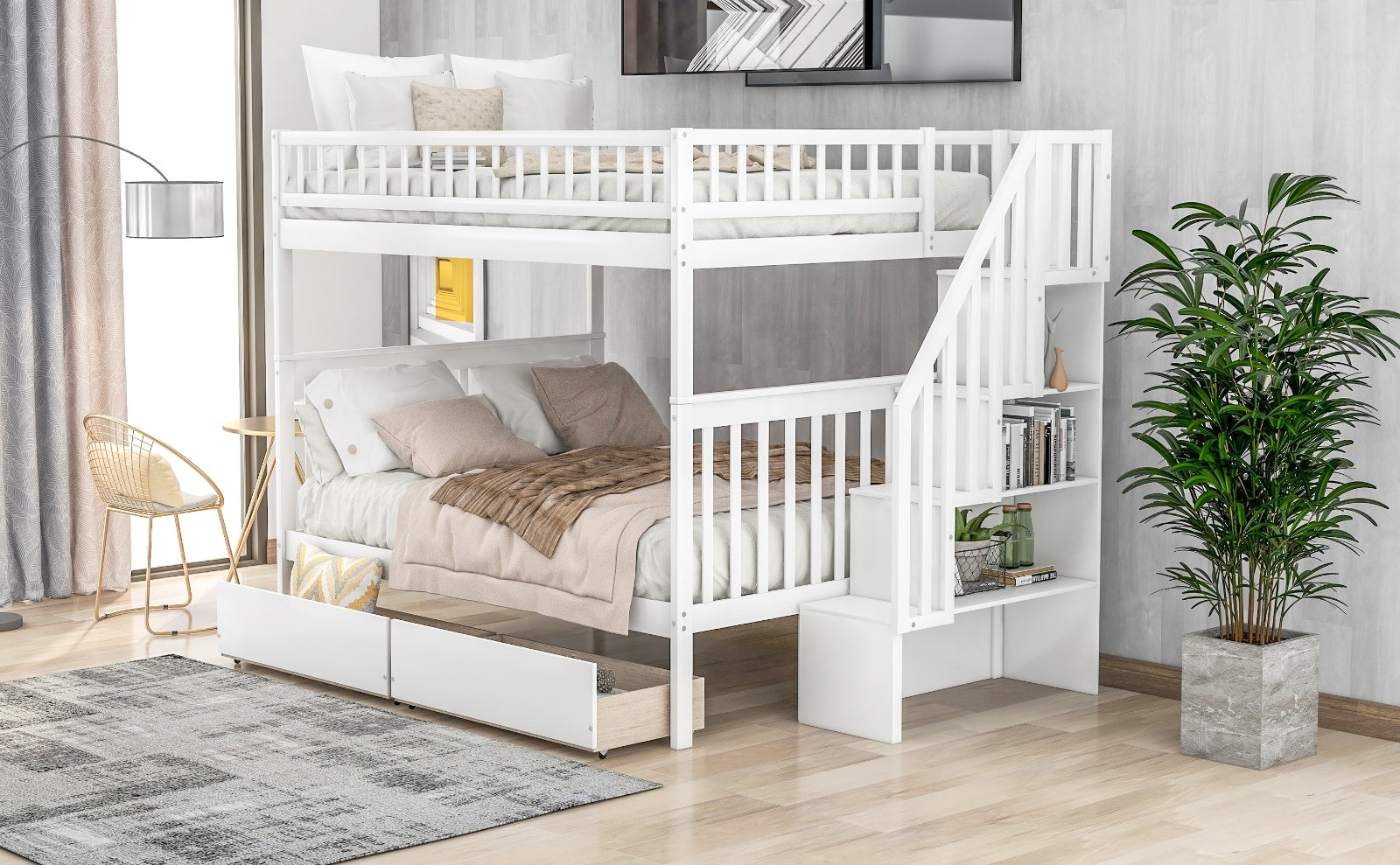 LuneluX_Home – Full-Over-Full Bunk Bed with Storage Drawers (White)