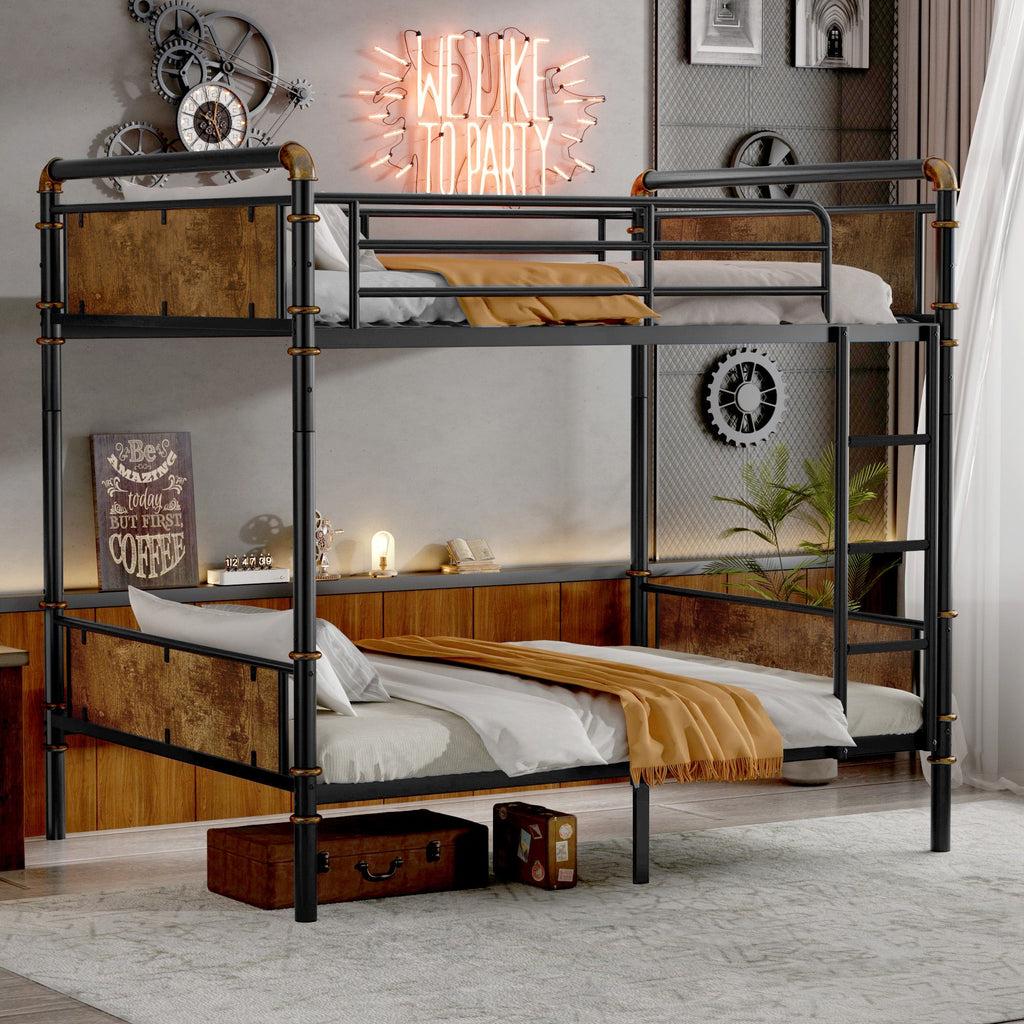 IronLoft™ – Twin XL Metal Bunk Bed with Rustic Wood US Warehouse Only