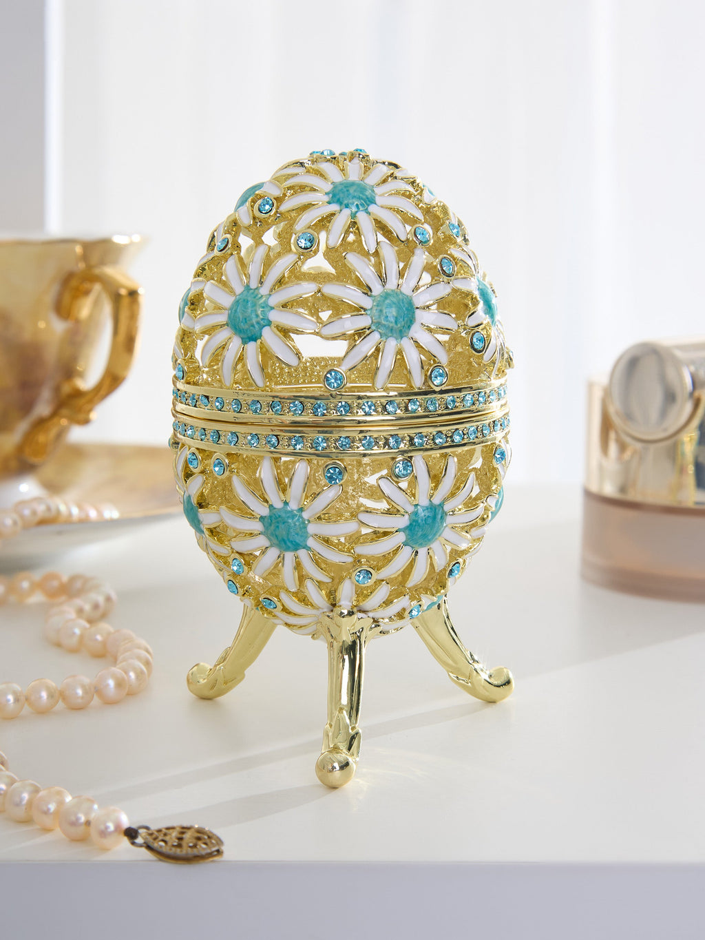 Gold Easter Egg with Blue and White Flowers