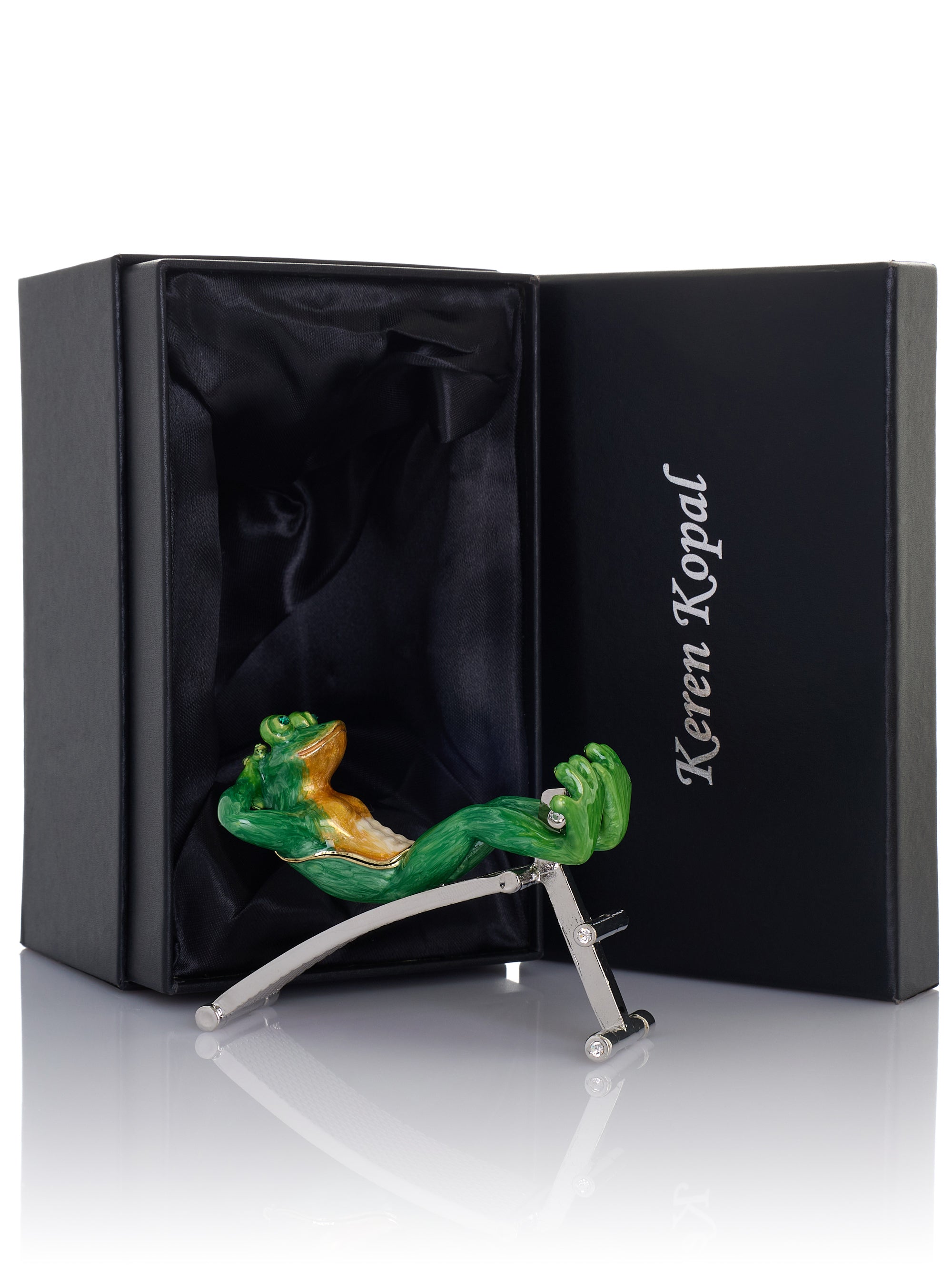Green Frog Exercising on Bench Trinket Box