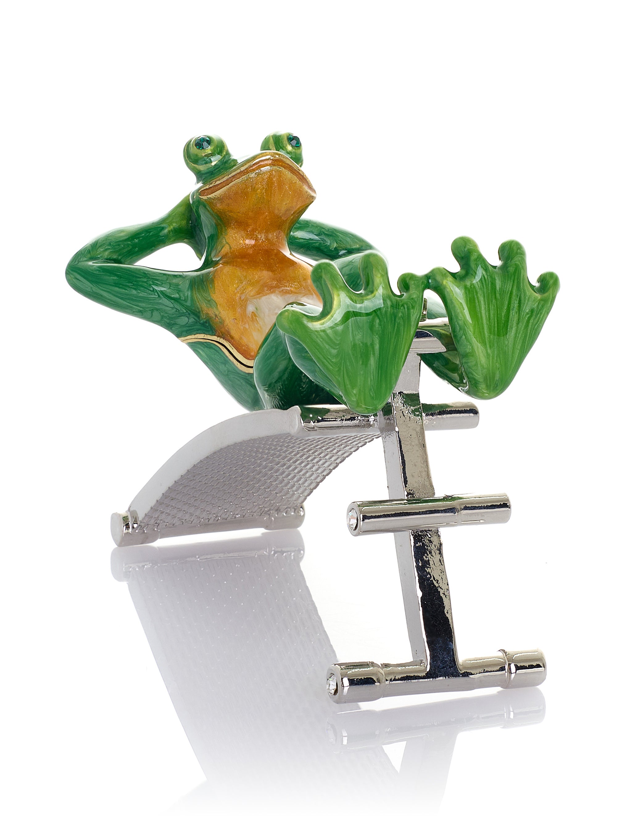 Green Frog Exercising on Bench Trinket Box