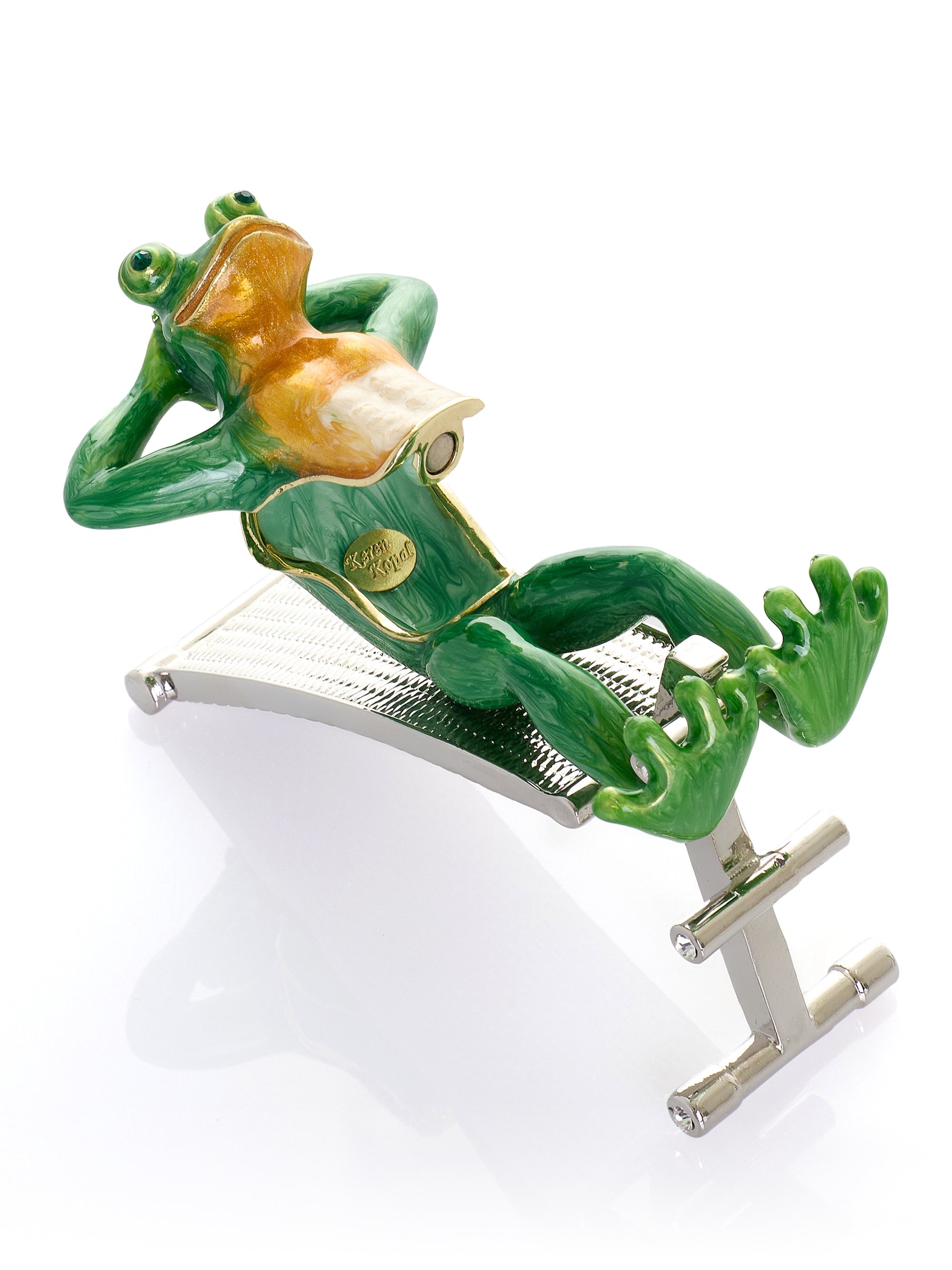 Green Frog Exercising on Bench Trinket Box
