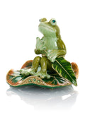 Green Frog Rowing a Leaf Trinket Box