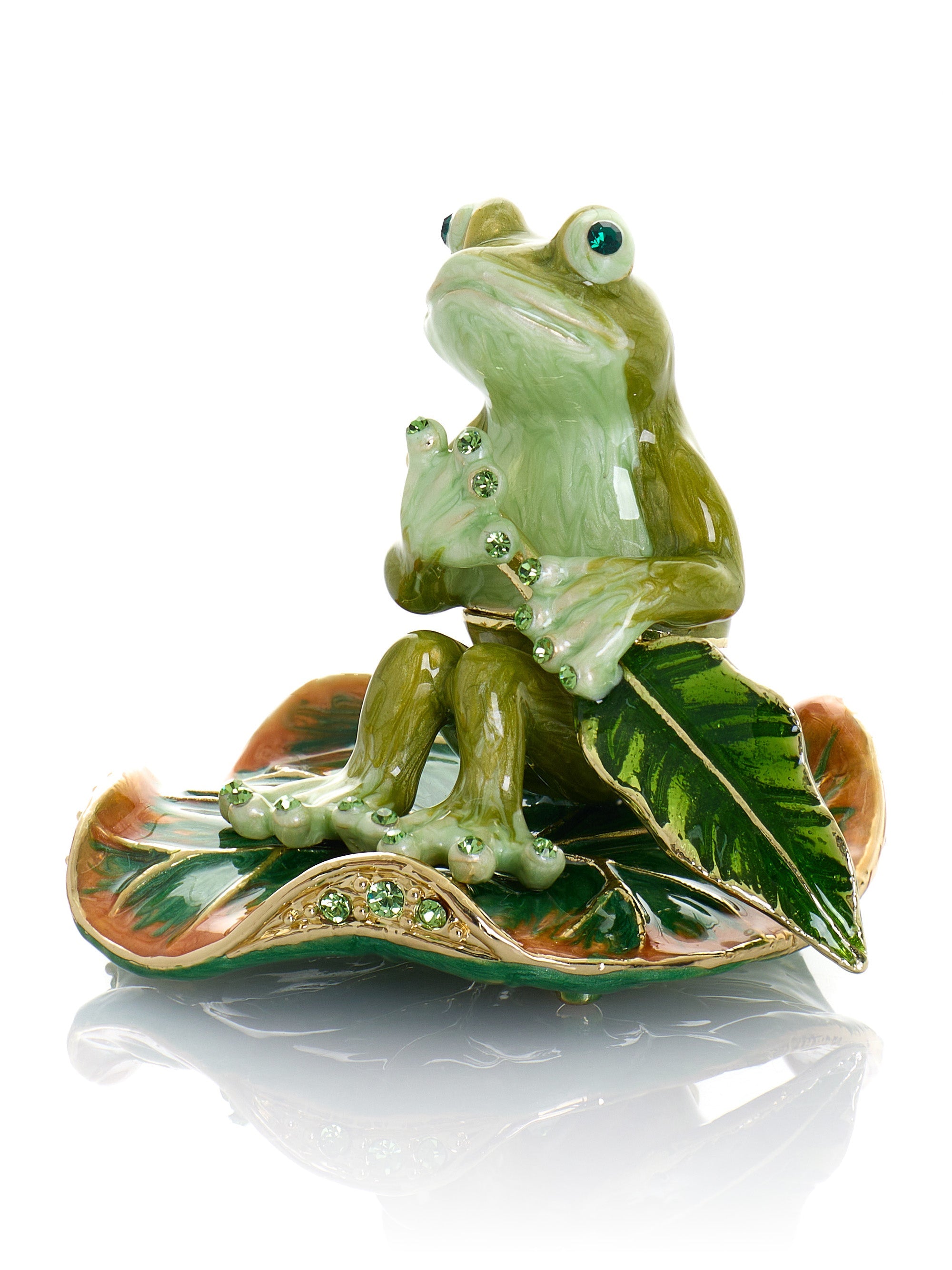 Green Frog Rowing a Leaf Trinket Box