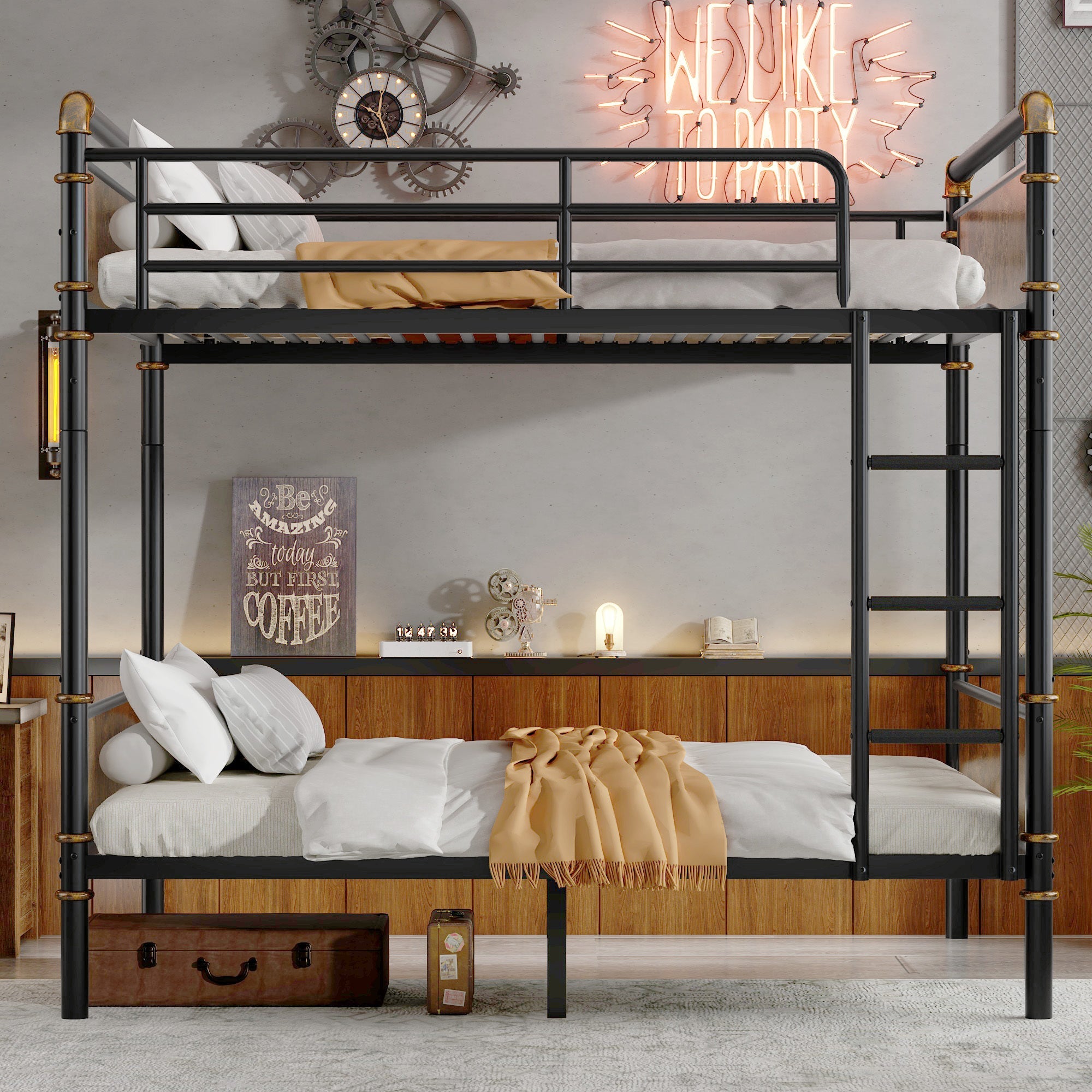 IronLoft™ – Twin XL Metal Bunk Bed with Rustic Wood US Warehouse Only