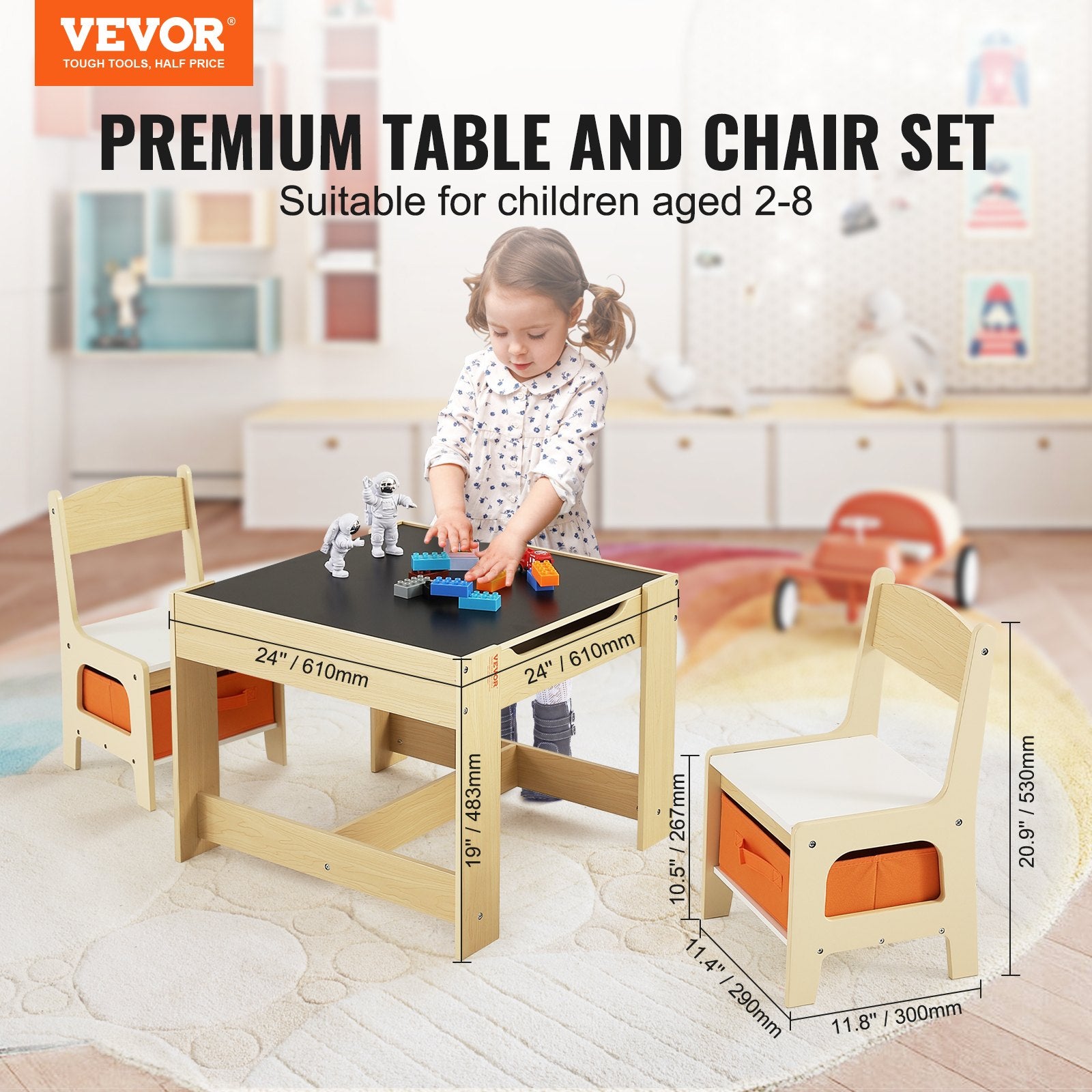 Kids Table and Chair Set, Wooden Activity Table with Storage Space and