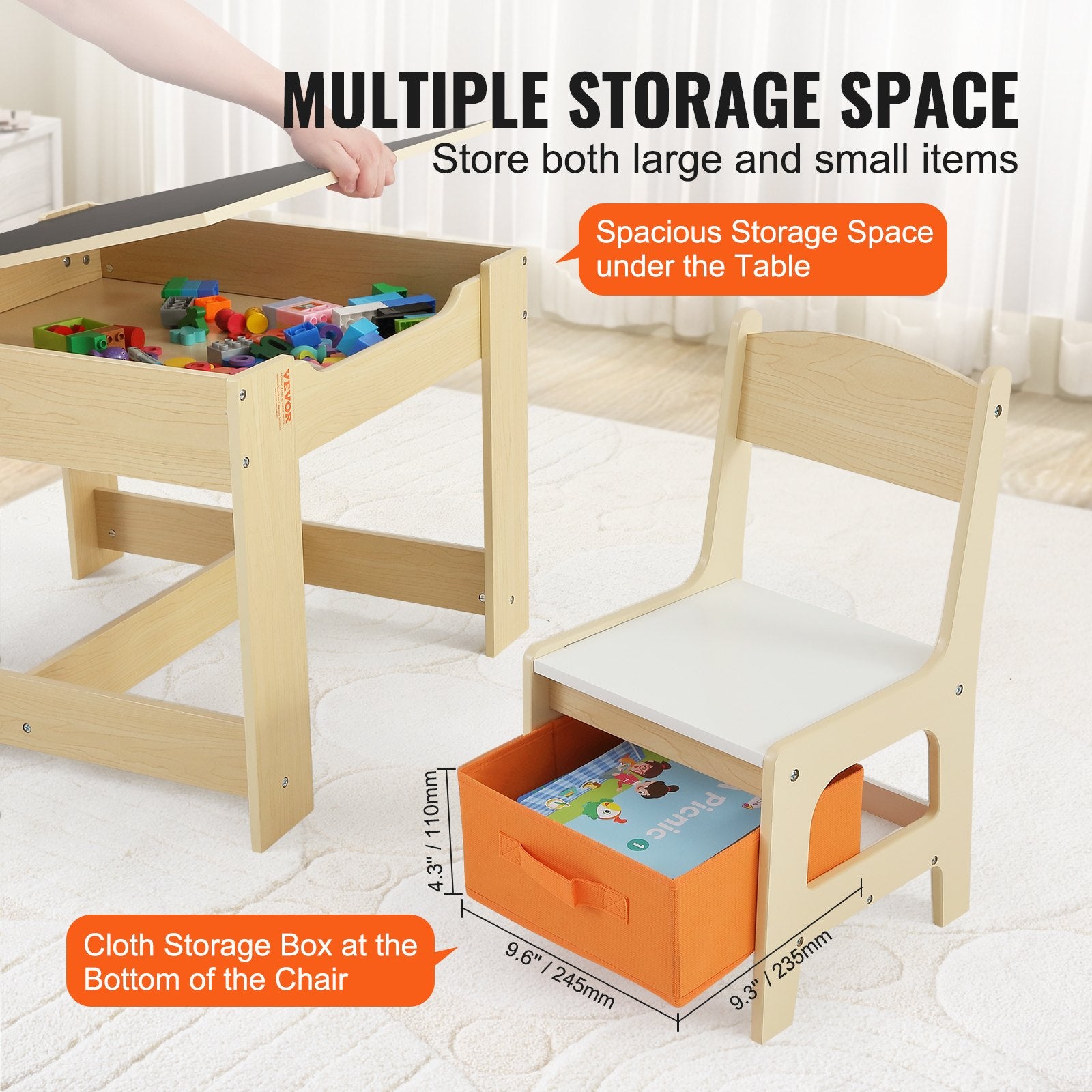Kids Table and Chair Set, Wooden Activity Table with Storage Space and