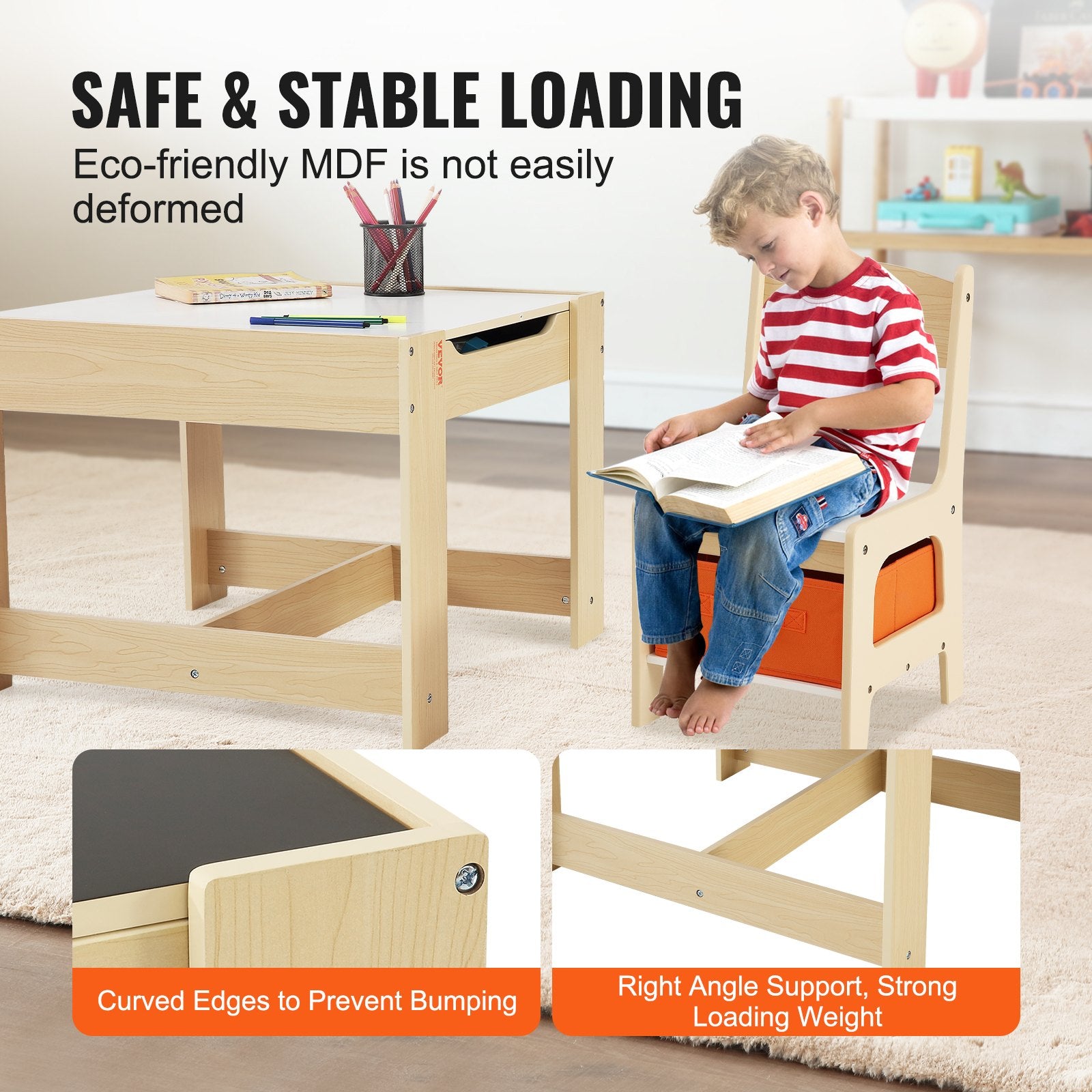 Kids Table and Chair Set, Wooden Activity Table with Storage Space and