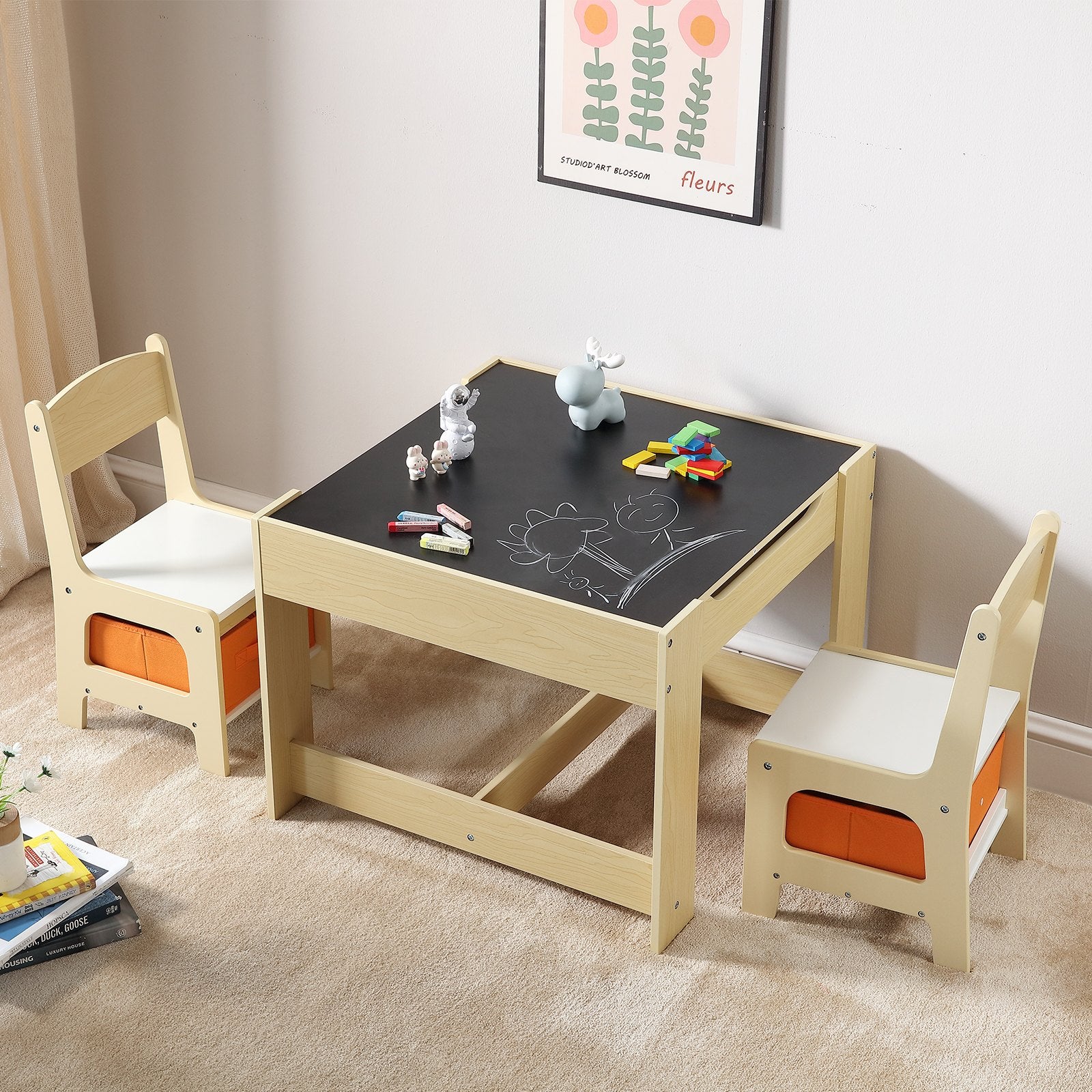 Kids Table and Chair Set, Wooden Activity Table with Storage Space and