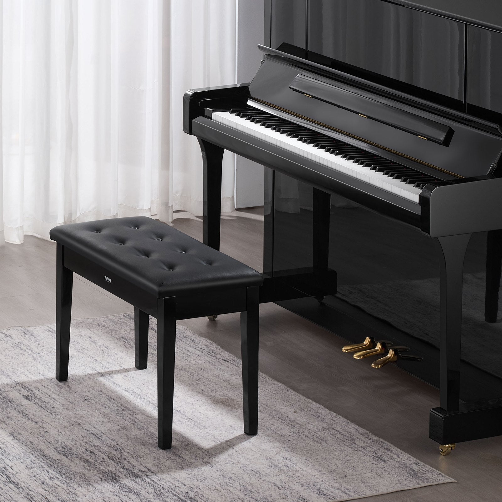Duet Piano Keyboard Bench Storage Padded Seat Wooden Vanity Bookcase