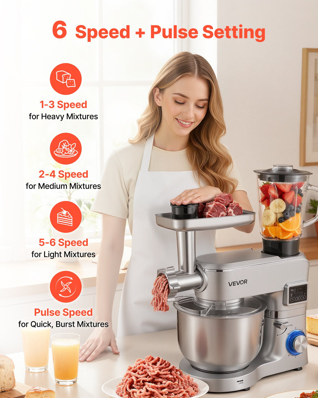 Stand Mixer, 5.7 L Electric Kitchen Mixer, 1500W Dough-Mixer, 6+P