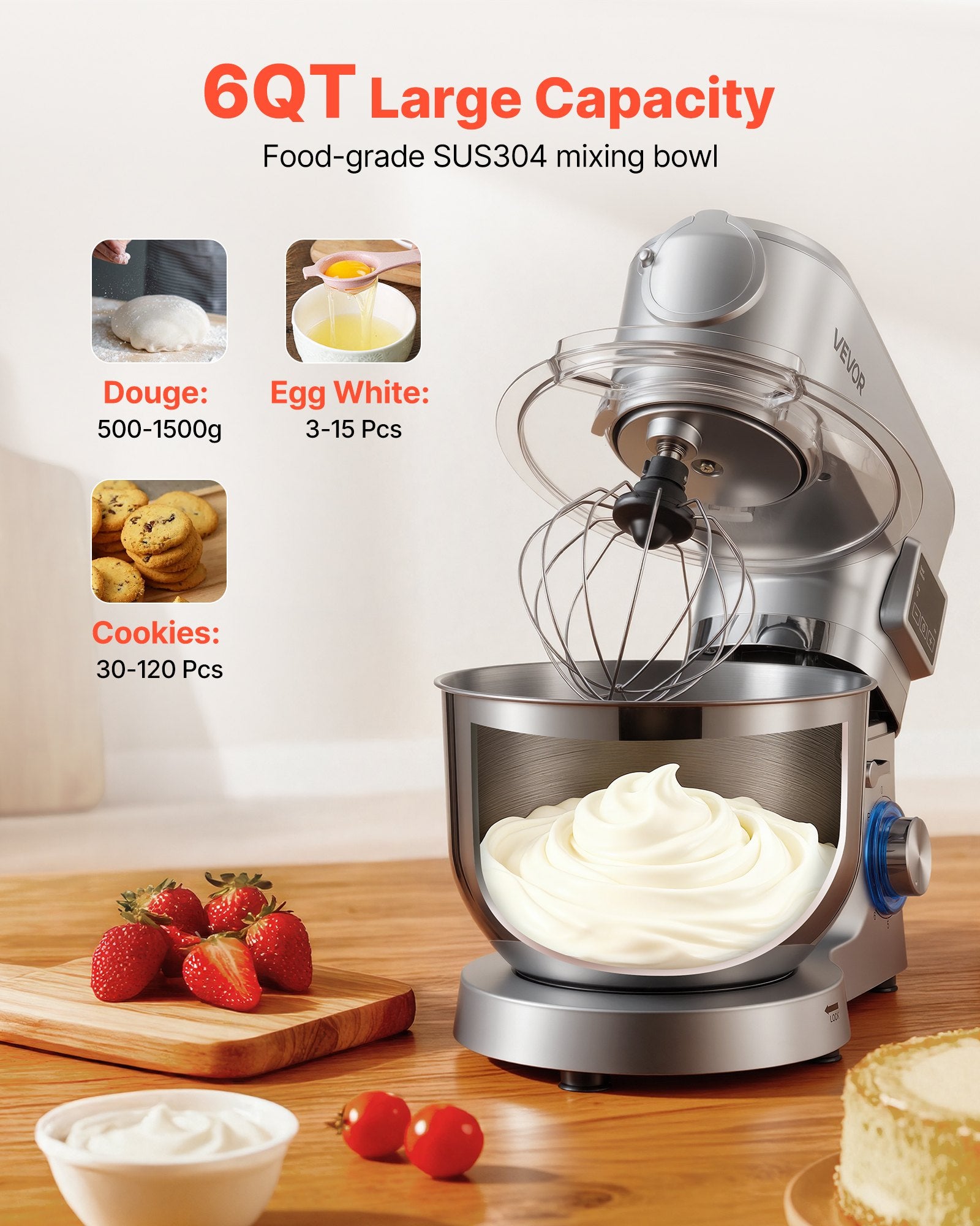 Stand Mixer, 5.7 L Electric Kitchen Mixer, 1500W Dough-Mixer, 6+P