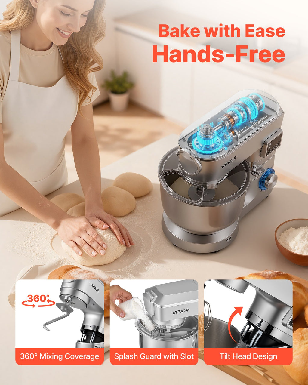 Stand Mixer, 5.7 L Electric Kitchen Mixer, 1500W Dough-Mixer, 6+P