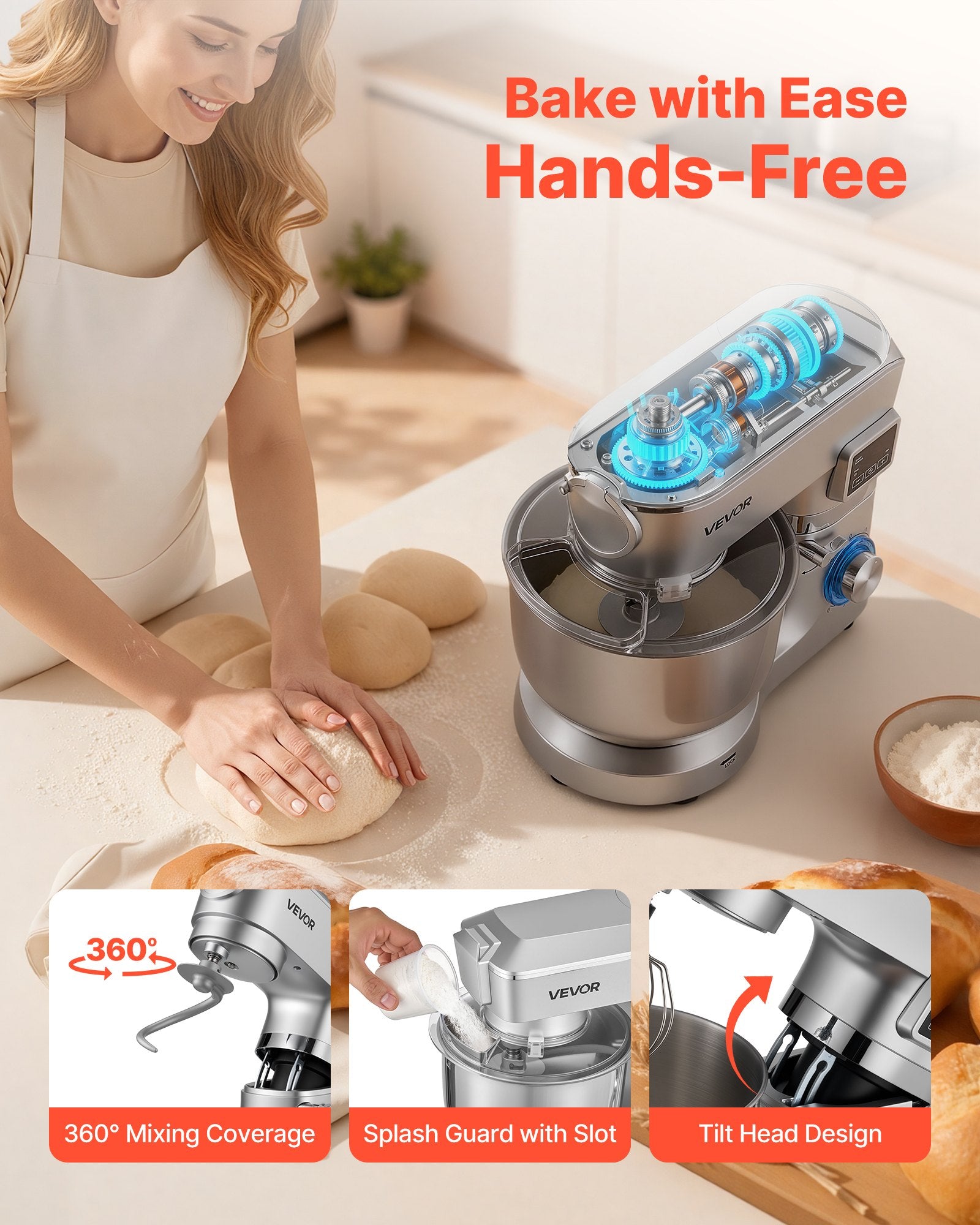 Stand Mixer, 5.7 L Electric Kitchen Mixer, 1500W Dough-Mixer, 6+P