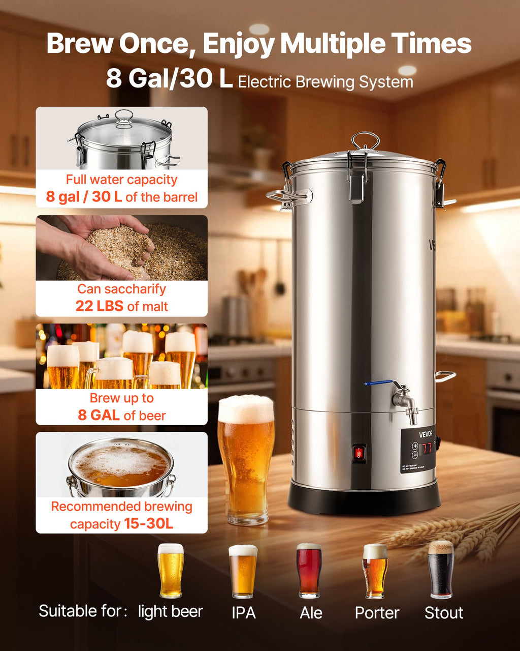 Electric Brewing System, 8 Gal/30L Brewing Pot Home Beer Brewer, 304