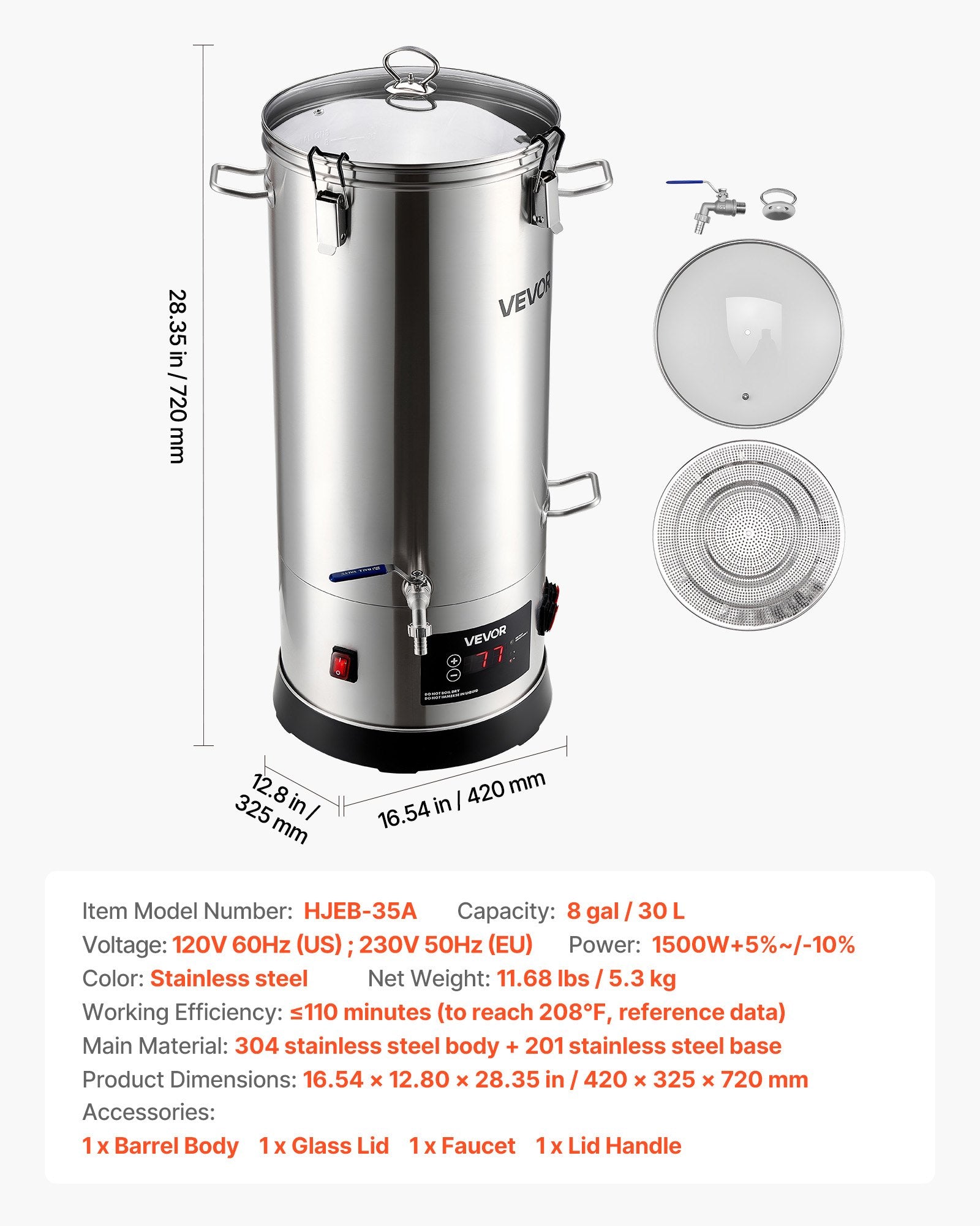 Electric Brewing System, 8 Gal/30L Brewing Pot Home Beer Brewer, 304