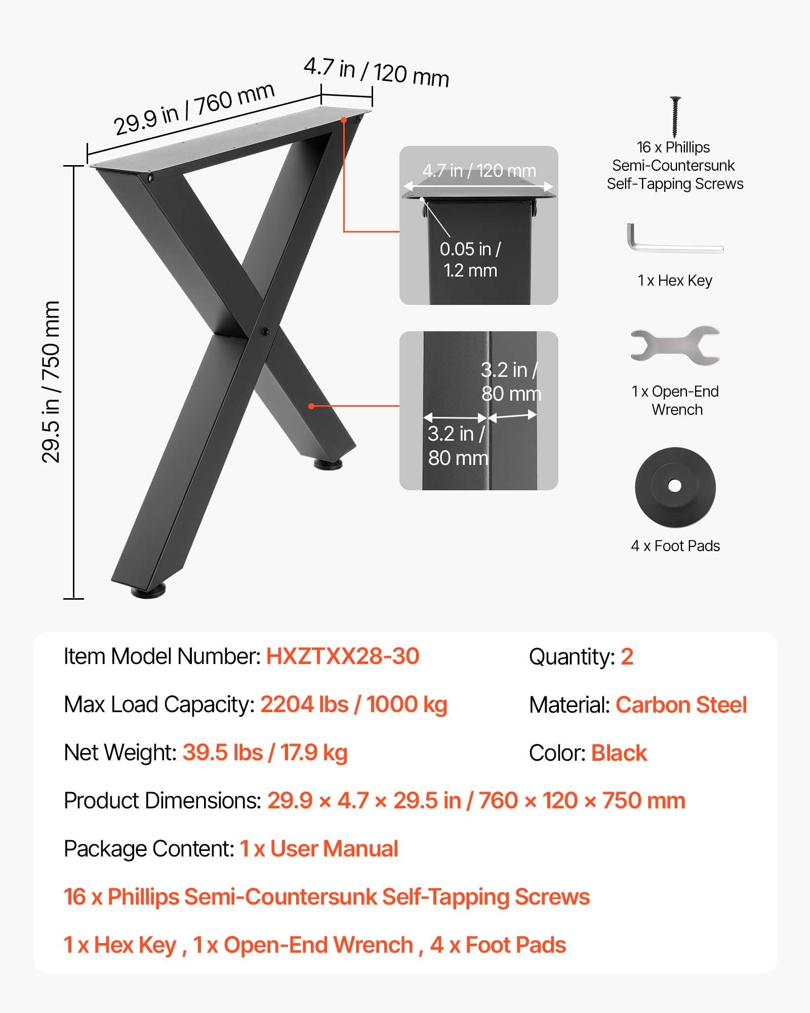 Table Legs, 750 x 760 mm (HxW) W Steel Furniture Legs, Modular Design,