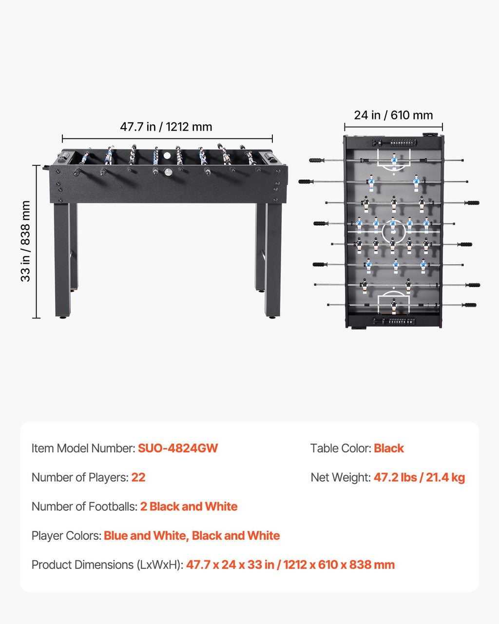 Foosball Table, 121 cm Standard Size Table, Indoor Full Size Foosball