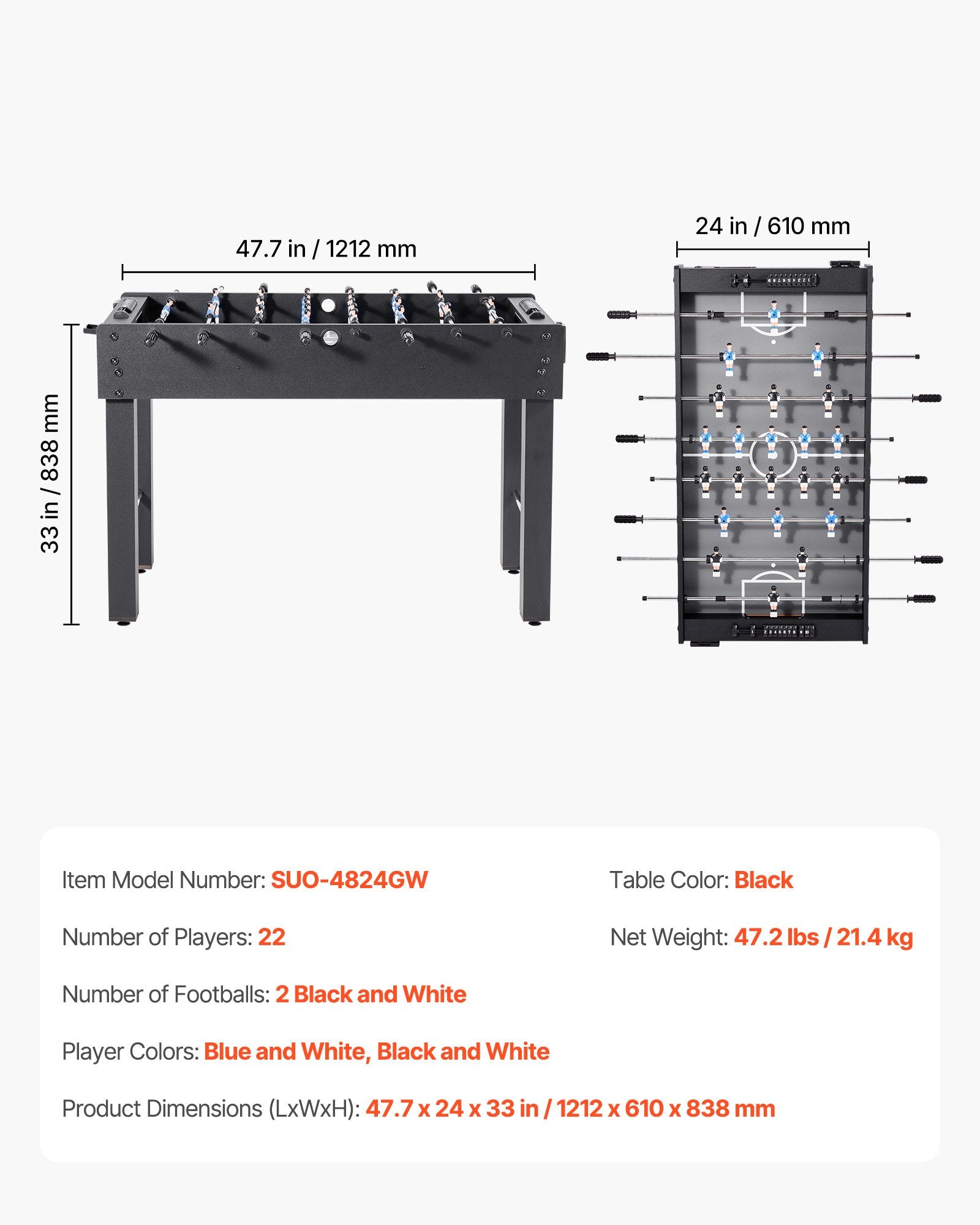 Foosball Table, 121 cm Standard Size Table, Indoor Full Size Foosball